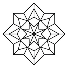 A symmetrical black and white line drawing of a complex eight-pointed geometric star pattern.