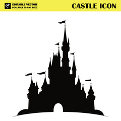 Fototapeta premium Silhouette of a fairy tale castle with turrets and flags isolated on a white background design