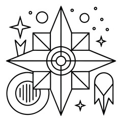 Geometric abstract illustration of a stylized star with celestial elements like stars and circles.