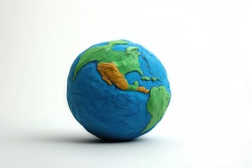 Fototapeta premium Clay globe model of Earth showing North and South America with textured land and ocean regions on a white background
