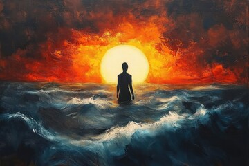 Silhouette of a person standing in turbulent ocean waves facing a large glowing sun with a fiery orange and red sky, evoking feelings of solitude and contemplation