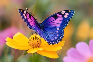 Fototapeta premium vibrant purple and blue butterfly perched on a bright yellow flower with a softly blurred natural background