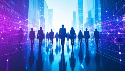 Futuristic Cityscape: Silhouettes Walking Through Neon-Lit Streets