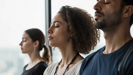 Group of serene people practicing mindfulness and meditation for wellness and stress relief