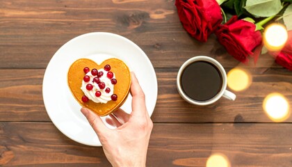Romantic Valentine's Day Breakfast: Heart-Shaped Pancake & Coffee