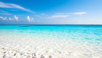 Fototapeta premium Gleaming white sand beach, turquoise water, sunny sky, shore, bright