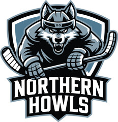 Northern Howls Hockey Team Mascot Logo with Fierce Wolf and Hockey Gear Illustration