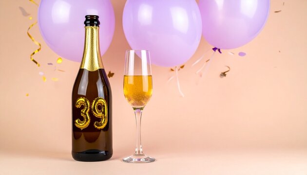 Champagne bottle and glass with number 39. Festive photo for birthday or anniversary party