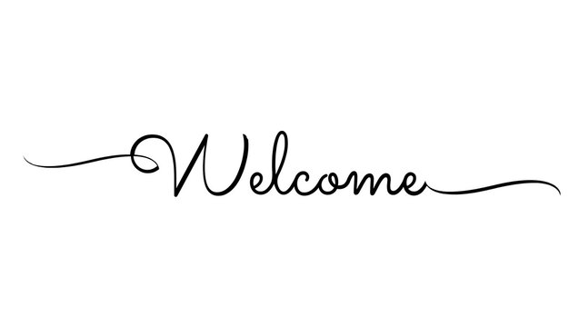 A simple black and white image featuring the word welcome in a cursive handwriting style font design