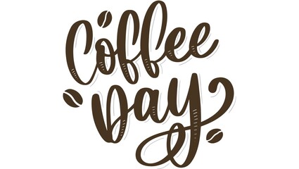 A stylized coffee day text with coffee beans in brown color on a white background illustration design
