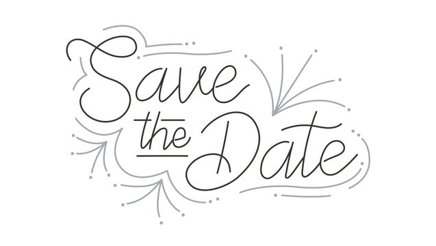 Save the date calligraphy with decorative lines and dots in black and gray on a white background design