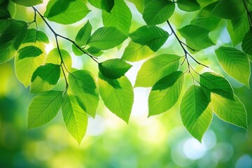 Close-up of vibrant green leaves on thin branches with soft bokeh background of light and greenery