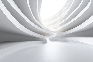 Bright architectural interior with flowing curved white walls and ceiling, creating a futuristic and spacious atmosphere filled with soft natural light