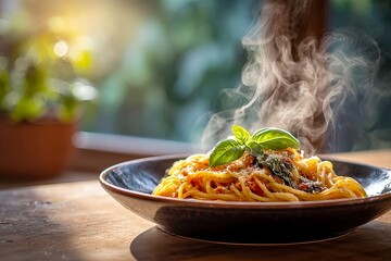 Delicious plate of freshly cooked spaghetti topped with tomato sauce, grated Parmesan cheese, and basil leaves. The steam rising from the dish emphasizes warmth and freshness, making it a perfect visu