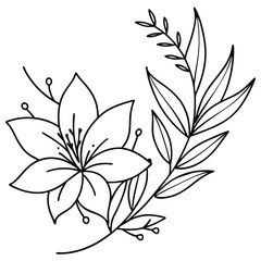Fototapeta premium Floral line art illustration with a flower and leaves.