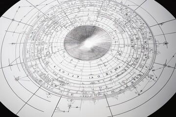 Top-down view of a detailed circular schematic or technical drawing with concentric rings, radial lines, and complex annotations conveying precision and structure