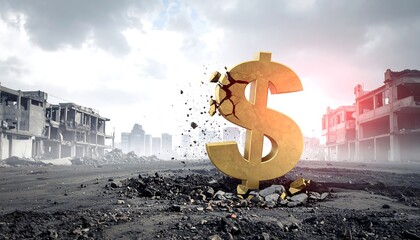 Shattered Gold Dollar Sign Amidst War-Torn Ruins