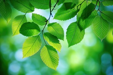 Fototapeta na wymiar Close-up of fresh green leaves with detailed veins and sunlight shining through against a softly blurred natural background
