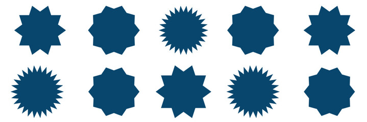 Starburst icon set, quality mark, retro stars, circle sticker, red badges. Starburst red shape tags for price tags. Flat star vector illustration isolated on white background.