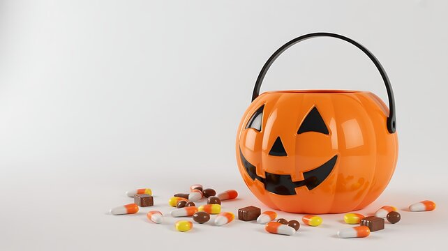 Halloween Jack-o’-Lantern Candy Bucket with Assorted Sweets on White Background