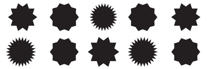 Starburst icon set, quality mark, retro stars, circle sticker, red badges. Starburst red shape tags for price tags. Flat star vector illustration isolated on white background.