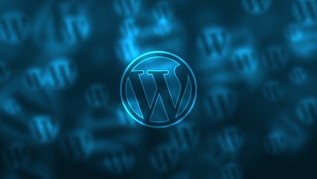 A blurred background with a prominent wordpress logo in the center glowing with a blue light effect
