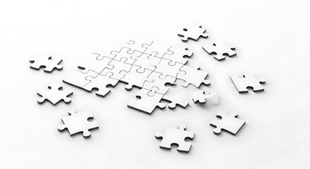 A partially assembled white jigsaw puzzle with loose pieces scattered on a clean white background.