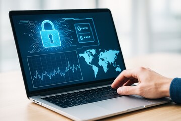 Cybersecurity data protection concept on laptop screen with global map and padlock symbol in digital tech style on light background.