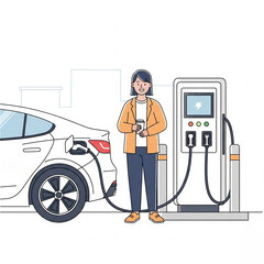 Electric car charging simple lines with smiling person at charging station