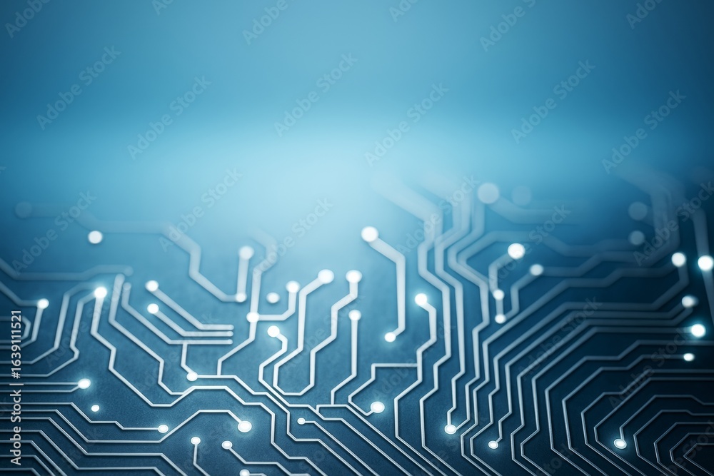 Wall mural abstract blue electronic circuit board with glowing paths creating a futuristic technology backgroun