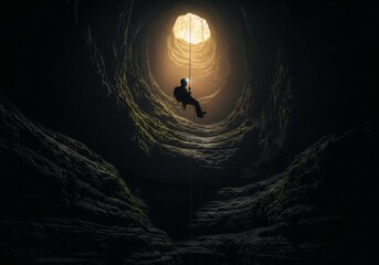 A lone climber rappels down a dark mosscovered cave shaft towards a bright opening