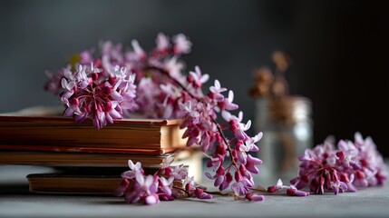 Fototapeta premium Medium shot of books on table with redbud flowers in bloom