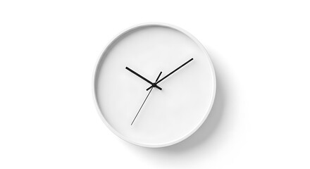 A minimalist white round wall clock with black hands and no numbers, isolated on a white background.