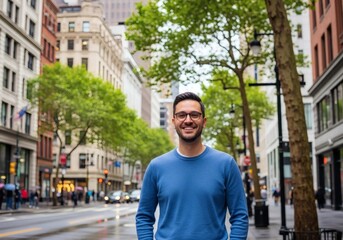 A man in a blue sweater smiles while standing on a city street