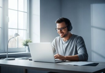 A man wearing headphones and glasses works on a laptop in a modern office