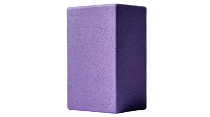 Vibrant purple rectangular pumice stone with porous texture standing upright.