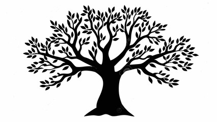 Obraz premium Silhouette of a broad tree with many leaves and branches extending outwards on a white background image