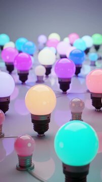 Vibrant, multi-color glowing spheres, like C7/C9 bulbs, emerge from a clean conduit to form an elegant, expanding network against a pure white void, filmed with high-key lighting and soft bokeh.