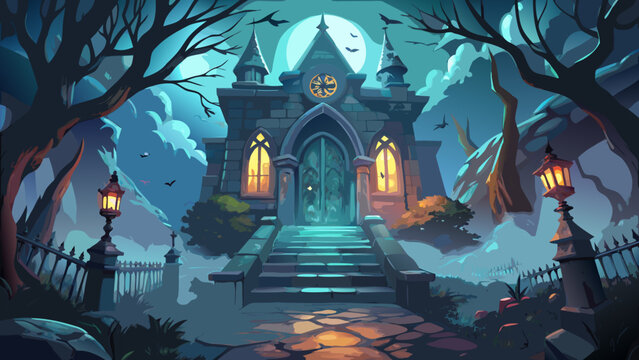 Fog curls around haunted mansion entrance, gothic arches and weathered stone textures visible. Spooky ambience enhanced by lantern glow, bats in flight, misty courtyard, detailed architecture, night s