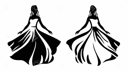 Two silhouettes of women in flowing dresses facing opposite directions in black and white style art