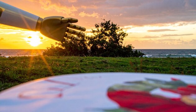 Sunset Coastline: Hand Reaching Towards Coastal Bush at Golden Hour - Powered by Adobe