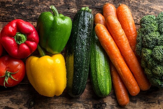 Colorful assortment of fresh vegetables including carrots, tomatoes, zucchini, broccoli, and bell peppers on a rustic wooden surface, promoting healthy plant-based eating for World Vegetarian Day.