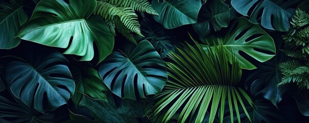 Dense arrangement of large tropical leaves featuring various shades of green with detailed textures and natural patterns, evoking a lush, serene jungle atmosphere