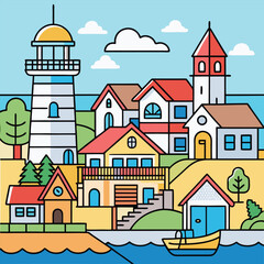 Coastal Town Illustration: Seaside Houses, Lighthouse, and Boats - Cartoon Style