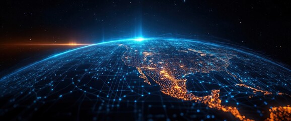 Digital representation of Earth's North and Central America illuminated with glowing network connections against a dark space background, conveying advanced technology and connectivity