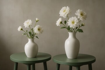Fototapeta premium two white dahlias in pristine vases on a muted gray backdrop