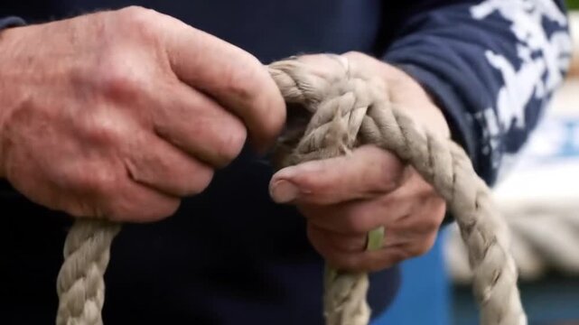 Close-up view of hands working with a thick rope, demonstrating knot tying techniques for various applications.