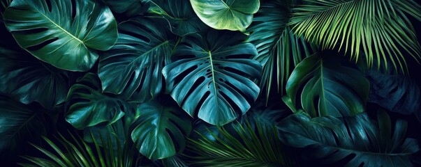 Close-up view of dense tropical green leaves with variety of shapes and textures creating lush and vibrant natural foliage