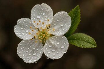 A Single White Flower with Raindrops Captured in a Moment of Tranquility