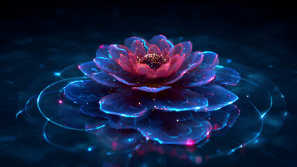 Futuristic Neon Lotus Flower with Glowing Petals on Dark Water